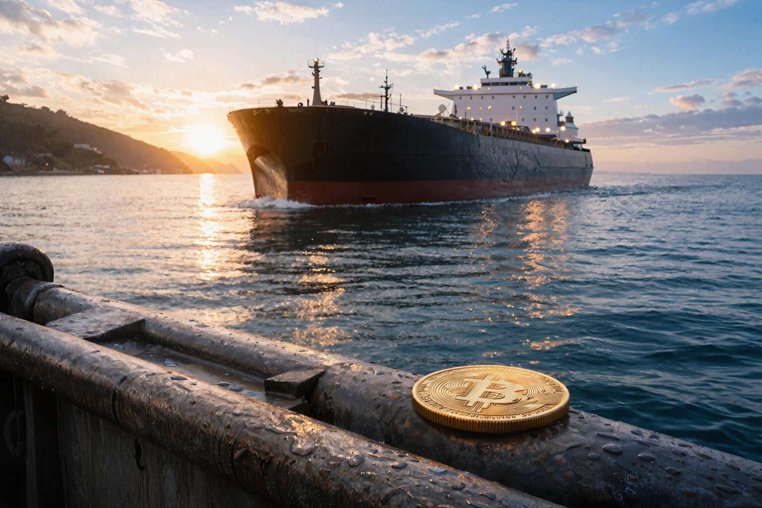 Bitcoin climbs as US-Iran ‘peace talks’ eases oil price pressures Bitcoin coin on a dock as an oil tanker passes at sunrise, reflecting easing supply shock and a potential price breakout toward lower oil levels