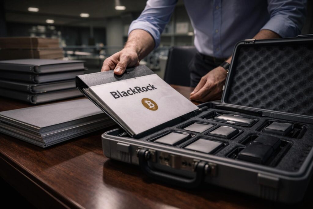 BlackRock document placed beside a secure case of digital devices, illustrating traditional investment products moving into digital wallets after a $150B crypto expansion