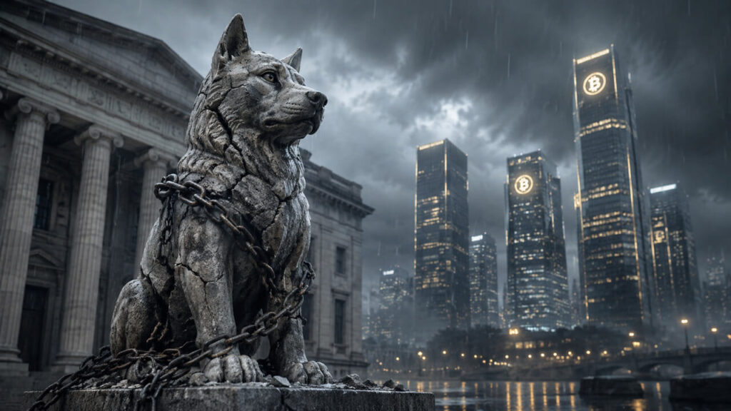 Chained wolf statue outside a regulatory building with Bitcoin-branded skyline reflecting debate over expanded CFTC crypto oversight and industry scrutiny of regulators